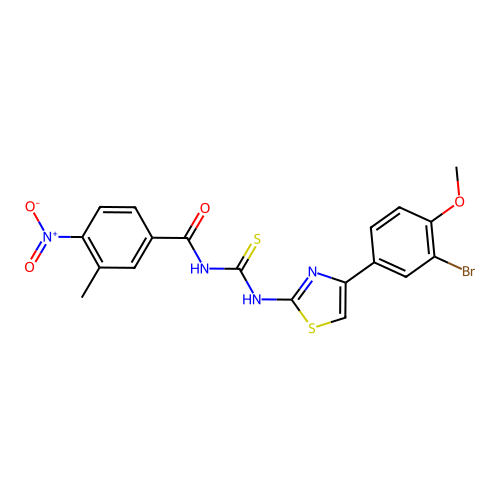 N-((4-(3-bromo-4-methoxyphenyl)thiazol-2-yl)carbamothioyl)-3-methyl-4-nitrobenzamide structure