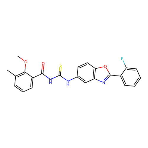 N-((2-(2-fluorophenyl)benzo[d]oxazol-5-yl)carbamothioyl)-2-methoxy-3-methylbenzamide structure