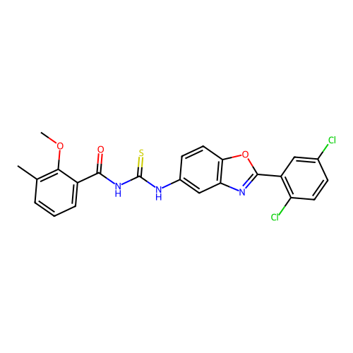 N-((2-(2,5-dichlorophenyl)benzo[d]oxazol-5-yl)carbamothioyl)-2-methoxy-3-methylbenzamide structure