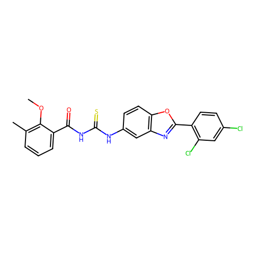 N-((2-(2,4-dichlorophenyl)benzo[d]oxazol-5-yl)carbamothioyl)-2-methoxy-3-methylbenzamide structure