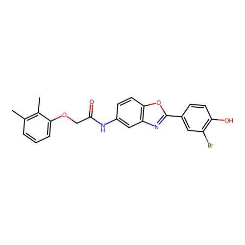 N-[(2E)-2-(3-bromo-4-oxocyclohexa-2,5-dien-1-ylidene)-3H-1,3-benzoxazol-5-yl]-2-(2,3-dimethylphenoxy)acetamide structure