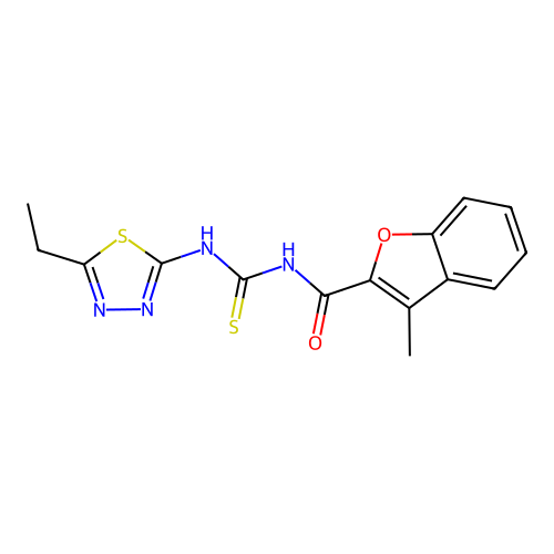 N-[(5-ethyl-1,3,4-thiadiazol-2-yl)carbamothioyl]-3-methyl-1-benzofuran-2-carboxamide structure