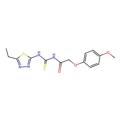 N-[(5-ethyl-1,3,4-thiadiazol-2-yl)carbamothioyl]-2-(4-methoxyphenoxy)acetamide structure