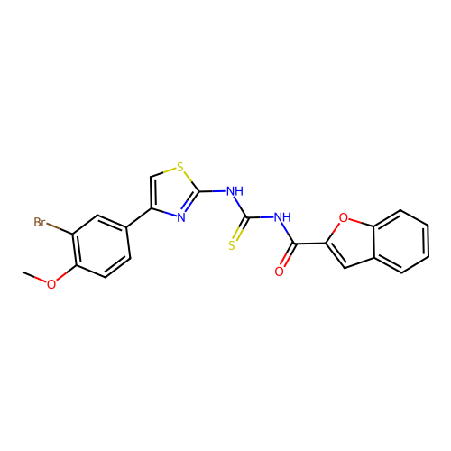 N-((4-(3-bromo-4-methoxyphenyl)thiazol-2-yl)carbamothioyl)benzofuran-2-carboxamide structure
