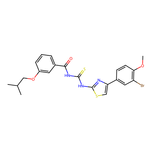 N-((4-(3-bromo-4-methoxyphenyl)thiazol-2-yl)carbamothioyl)-3-isobutoxybenzamide structure