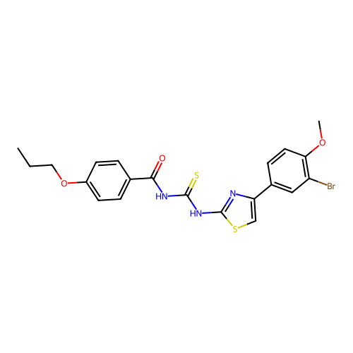 N-((4-(3-bromo-4-methoxyphenyl)thiazol-2-yl)carbamothioyl)-4-propoxybenzamide structure