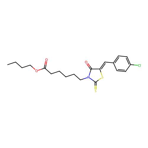 butyl 6-[(5Z)-5-[(4-chlorophenyl)methylidene]-4-oxo-2-sulfanylidene-1,3-thiazolidin-3-yl]hexanoate structure