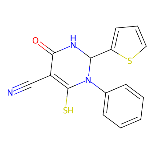 4-Mercapto-6-oxo-3-phenyl-2-thiophen-2-yl-1,2-dihydropyrimidine-5-carbonitrile structure
