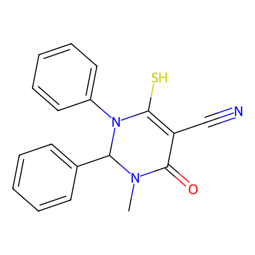 1-methyl-6-oxo-2,3-diphenyl-4-sulfanyl-2H-pyrimidine-5-carbonitrile structure