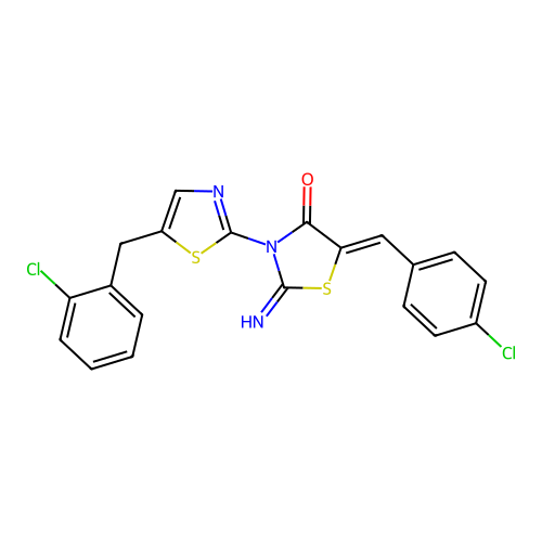 (Z)-3-(5-(2-chlorobenzyl)thiazol-2-yl)-5-(4-chlorobenzylidene)-2-iminothiazolidin-4-one structure