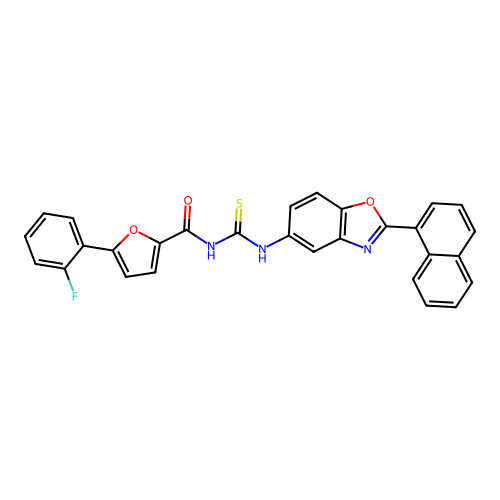 5-(2-fluorophenyl)-N-[(2-naphthalen-1-ylbenzooxazol-5-yl)thiocarbamoyl]furan-2-carboxamide structure