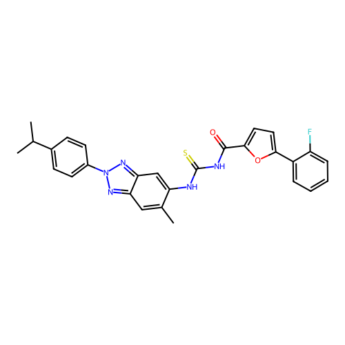 5-(2-fluorophenyl)-N-((2-(4-isopropylphenyl)-6-methyl-2H-benzo[d][1,2,3]triazol-5-yl)carbamothioyl)furan-2-carboxamide structure