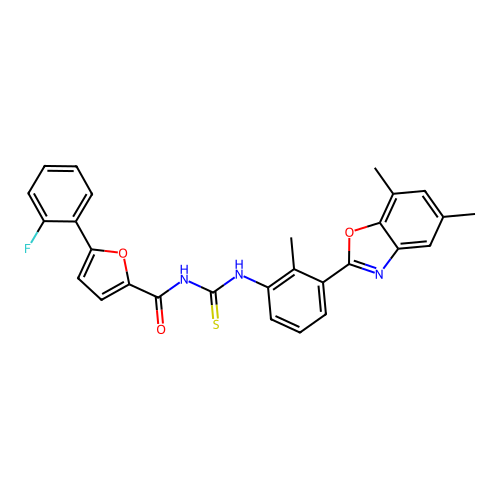 N-((3-(5,7-dimethylbenzo[d]oxazol-2-yl)-2-methylphenyl)carbamothioyl)-5-(2-fluorophenyl)furan-2-carboxamide structure