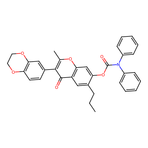 (3-(2H,3H-benzo[3,4-e]1,4-dioxan-6-yl)-2-methyl-4-oxo-6-propylchromen-7-yloxy) -N,N-dibenzamide structure