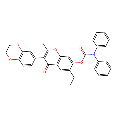 (3-(2H,3H-benzo[3,4-e]1,4-dioxan-6-yl)-6-ethyl-2-methyl-4-oxochromen-7-yloxy)- N,N-dibenzamide structure