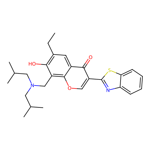 3-(benzo[d]thiazol-2-yl)-8-((diisobutylamino)methyl)-6-ethyl-7-hydroxy-4H-chromen-4-one structure