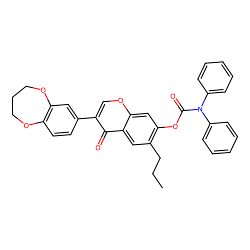 (3-(2H,3H,4H-benzo[b]1,4-dioxepan-7-yl)-4-oxo-6-propylchromen-7-yloxy)-N,N-dib enzamide structure