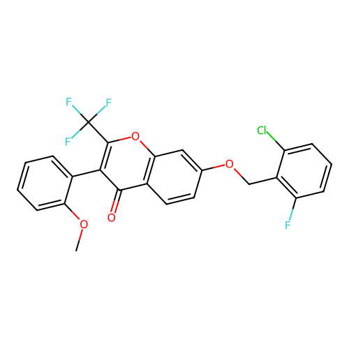 7-((2-chloro-6-fluorobenzyl)oxy)-3-(2-methoxyphenyl)-2-(trifluoromethyl)-4H-chromen-4-one structure