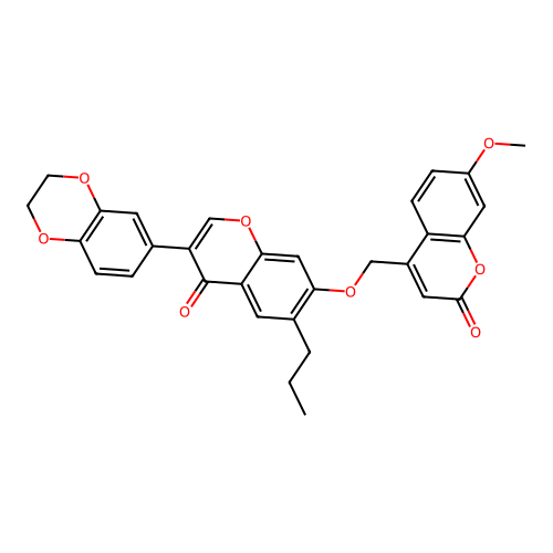 3-(2,3-dihydro-1,4-benzodioxin-6-yl)-7-[(7-methoxy-2-oxochromen-4-yl)methoxy]-6-propylchromen-4-one structure