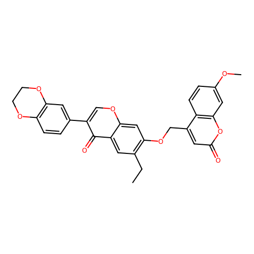 4-({[3-(2,3-dihydro-1,4-benzodioxin-6-yl)-6-ethyl-4-oxo-4H-chromen-7-yl]oxy}methyl)-7-methoxy-2H-chromen-2-one structure