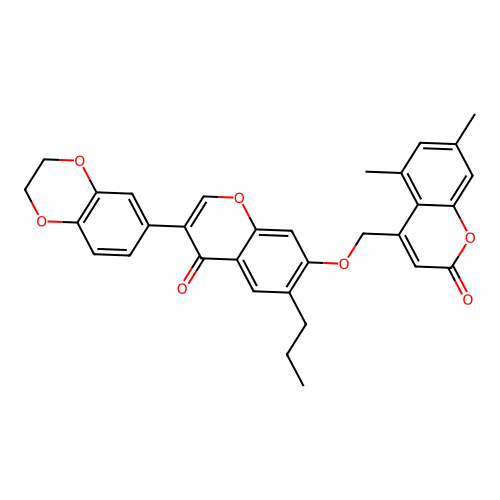4-({[3-(2,3-dihydro-1,4-benzodioxin-6-yl)-4-oxo-6-propyl-4H-chromen-7-yl]oxy}methyl)-5,7-dimethyl-2H-chromen-2-one structure