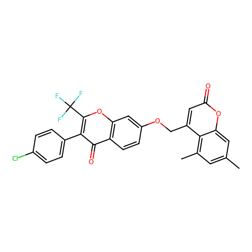 3-(4-chlorophenyl)-7-[(5,7-dimethyl-2-oxo-chromen-4-yl)methoxy]-2-(trifluoromethyl)chromen-4-one structure