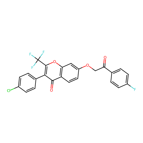 3-(4-chlorophenyl)-7-[2-(4-fluorophenyl)-2-oxo-ethoxy]-2-(trifluoromethyl)chromen-4-one structure
