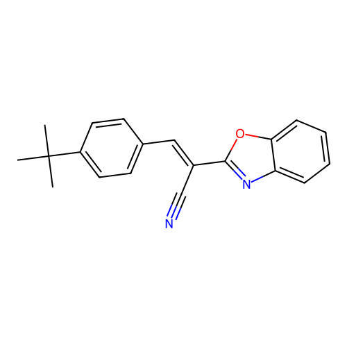 (2E)-2-(1,3-benzoxazol-2-yl)-3-(4-tert-butylphenyl)prop-2-enenitrile structure