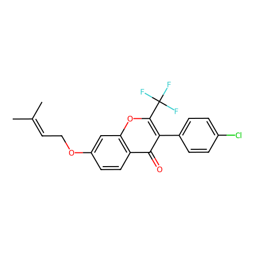 3-(4-chlorophenyl)-7-[(3-methylbut-2-en-1-yl)oxy]-2-(trifluoromethyl)-4H-chromen-4-one structure
