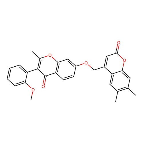 4-({[3-(2-methoxyphenyl)-2-methyl-4-oxo-4H-chromen-7-yl]oxy}methyl)-6,7-dimethyl-2H-chromen-2-one structure