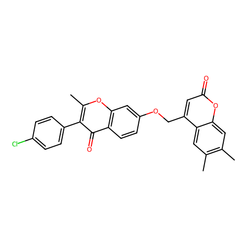 3-(4-chlorophenyl)-7-[(6,7-dimethyl-2-oxo-chromen-4-yl)methoxy]-2-methyl-chromen-4-one structure