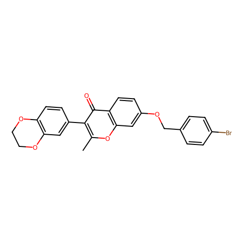 3-(2H,3H-benzo[3,4-e]1,4-dioxan-6-yl)-7-[(4-bromophenyl)methoxy]-2-methylchrom en-4-one structure