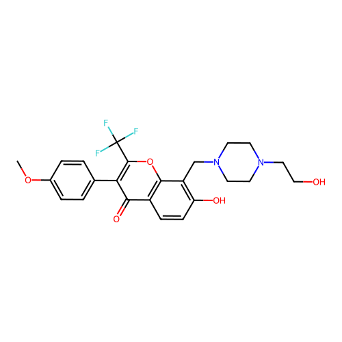7-hydroxy-8-((4-(2-hydroxyethyl)piperazin-1-yl)methyl)-3-(4-methoxyphenyl)-2-(trifluoromethyl)-4H-chromen-4-one structure
