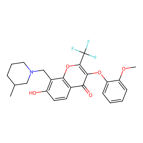 7-hydroxy-3-(2-methoxyphenoxy)-8-[(3-methylpiperidin-1-yl)methyl]-2-(trifluoromethyl)-4H-chromen-4-one structure
