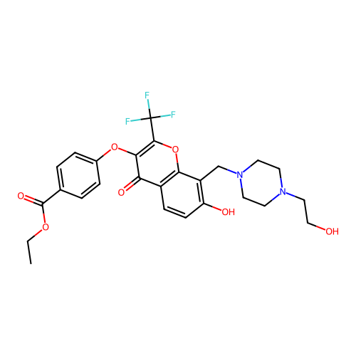 ethyl 4-((7-hydroxy-8-((4-(2-hydroxyethyl)piperazin-1-yl)methyl)-4-oxo-2-(trifluoromethyl)-4H-chromen-3-yl)oxy)benzoate structure