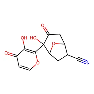 2-hydroxy-2-(3-hydroxy-4-oxopyran-2-yl)-3-oxo-8-oxabicyclo[3.2.1]octane-6-carbonitrile structure