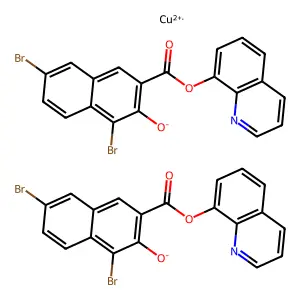 8-Quinolinolium 4',7'-dibromo-3'-hydroxy-2'-naphthoate, copper (II) chelate structure