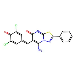 5-amino-6-[(3,5-dichloro-4-oxocyclohexa-2,5-dien-1-ylidene)methyl]-2-phenyl-[1,3,4]thiadiazolo[3,2-a]pyrimidin-7-one structure