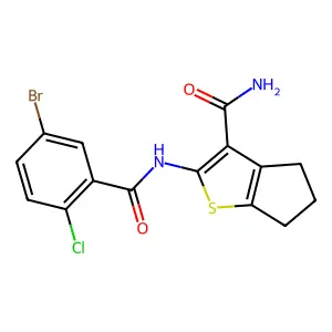 2-[(5-bromo-2-chlorobenzoyl)amino]-5,6-dihydro-4H-cyclopenta[b]thiophene-3-carboxamide structure