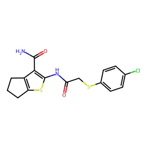 2-({[(4-chlorophenyl)sulfanyl]acetyl}amino)-5,6-dihydro-4H-cyclopenta[b]thiophene-3-carboxamide structure