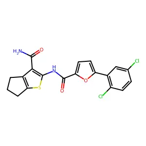 N-(3-carbamoyl-5,6-dihydro-4H-cyclopenta[b]thiophen-2-yl)-5-(2,5-dichlorophenyl)furan-2-carboxamide structure