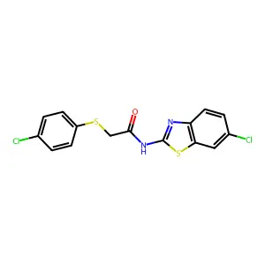 N-(6-chloro-1,3-benzothiazol-2-yl)-2-(4-chlorophenyl)sulfanylacetamide structure