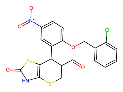 7-[2-[(2-chlorophenyl)methoxy]-5-nitrophenyl]-2-oxo-3,5,6,7-tetrahydrothiopyrano[2,3-d][1,3]thiazole-6-carbaldehyde structure