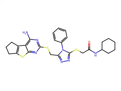 2-((5-(((4-amino-6,7-dihydro-5H-cyclopenta[4,5]thieno[2,3-d]pyrimidin-2-yl)thio)methyl)-4-phenyl-4H-1,2,4-triazol-3-yl)thio)-N-cyclohexylacetamide structure