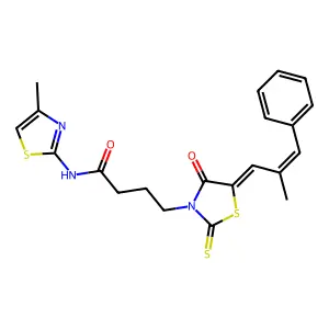 4-((Z)-5-((E)-2-methyl-3-phenylallylidene)-4-oxo-2-thioxothiazolidin-3-yl)-N-(4-methylthiazol-2-yl)butanamide structure