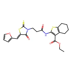 (E)-ethyl 2-(3-(5-(furan-2-ylmethylene)-4-oxo-2-thioxothiazolidin-3-yl)propanamido)-4,5,6,7-tetrahydrobenzo[b]thiophene-3-carboxylate structure