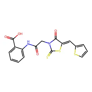 (E)-2-(2-(4-oxo-5-(thiophen-2-ylmethylene)-2-thioxothiazolidin-3-yl)acetamido)benzoic acid structure