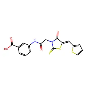(E)-3-(2-(4-oxo-5-(thiophen-2-ylmethylene)-2-thioxothiazolidin-3-yl)acetamido)benzoic acid structure