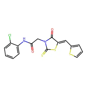 (E)-N-(2-chlorophenyl)-2-(4-oxo-5-(thiophen-2-ylmethylene)-2-thioxothiazolidin-3-yl)acetamide structure
