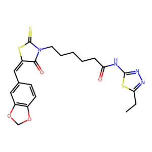 (Z)-6-(5-(benzo[d][1,3]dioxol-5-ylmethylene)-4-oxo-2-thioxothiazolidin-3-yl)-N-(5-ethyl-1,3,4-thiadiazol-2-yl)hexanamide structure